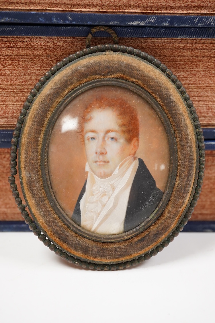 Regency School, Portrait miniature of a gentleman, oval oil on ivory, housed in a pendant frame, 5.5 x 4.5cm CITES Submission reference V7W9GEML